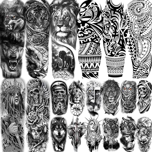 EGMBGM 20 Sheets Black Tribal Wolf Tiger Lion Temporary Tattoo Sleeve For Men Adults, 3D Halloween Prison Gothic Maori Sleeve Tattoos For Women, Fake Full Arm Sleeve Tattoo Stickers Skull Skeleton