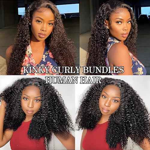 Kinky Curly Bundles Human Hair 16 18 20 Inch Human Hair Bundle 100% Unprocessed Brazilian Virgin Hair 3 Bundles for Black Women Weave Extensions Natural Black