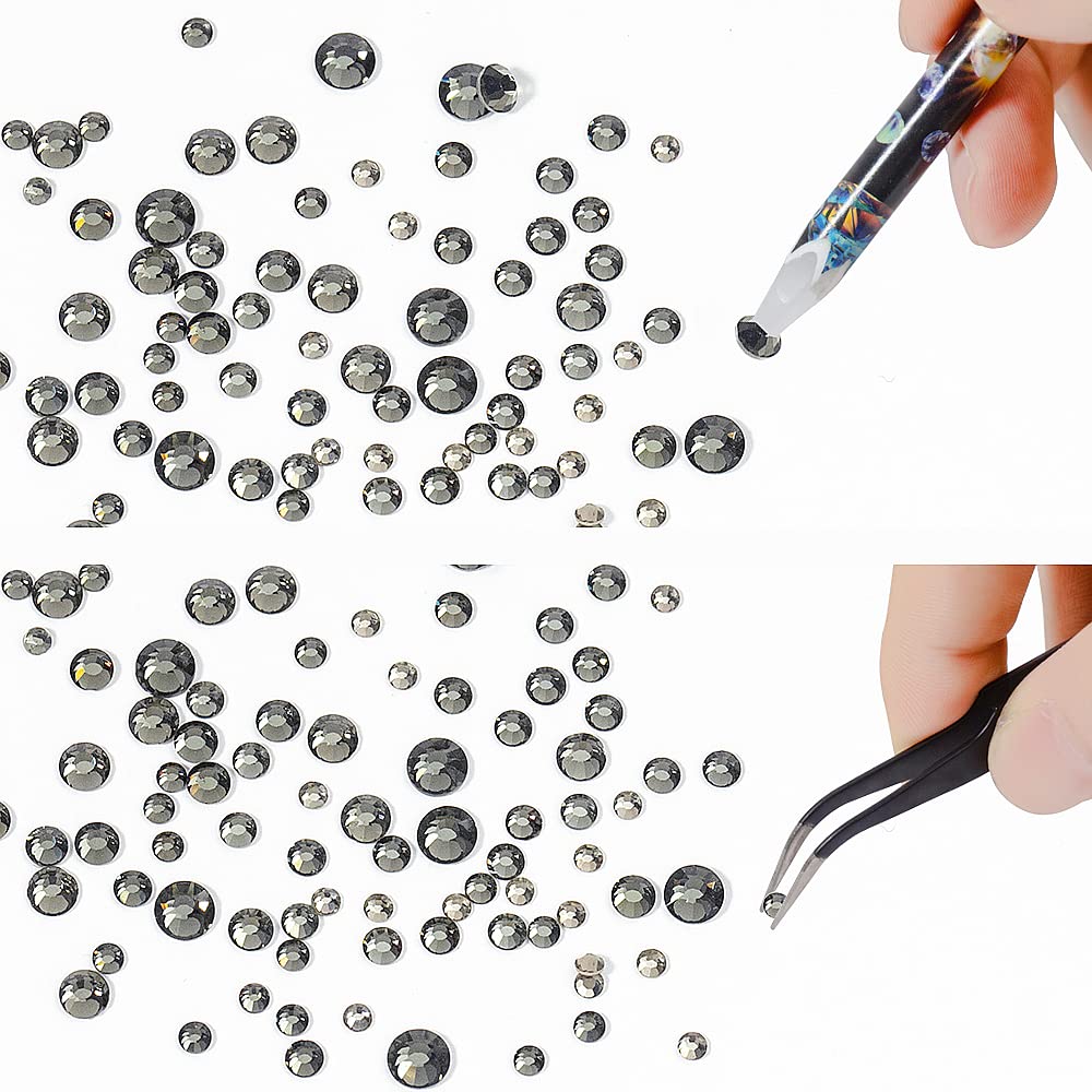 6Grids 3000Pcs Clear Flatback Rhinestones, Transparent Grey Nail Gems Crystals Jewels, Craft Glass Diamonds Bling Rhinestone with Tweezers and Picking Pen for Nail Face Makeup(1.8mm~4mm Crystal)