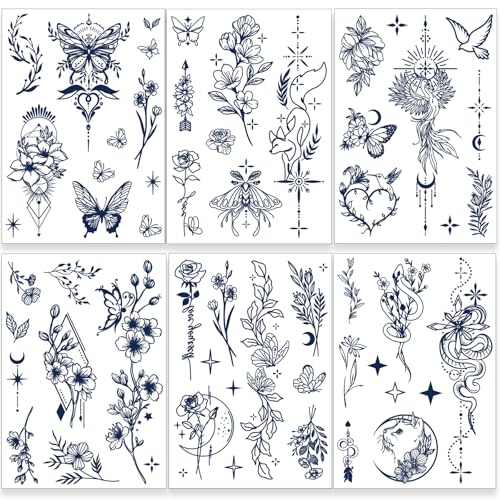 Tazimi Semi-Permanent Tattoos for Women Girls 100% Plant-Based Ink Small Flower Words Animals Waterproof Realistic Fake Tattoos Long Lasting 1-2 Weeks for Adult