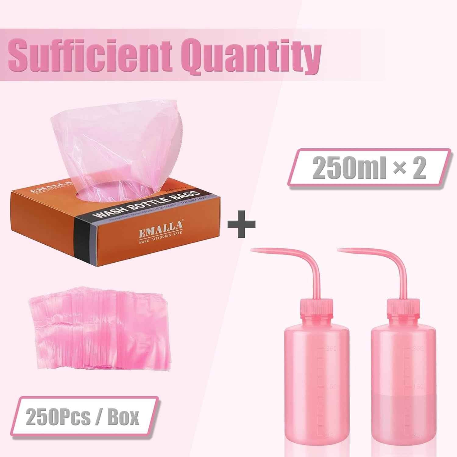 Tattoo Bottle Bags with 2pcs Squeeze Bottles -LEEYUKA 250pcs Pink Wash Bottle Covers With 2pcs 250ml Bottles Squeeze Bottle Sleeves for Tattoo Bottles Pink Tattoo Supplies
