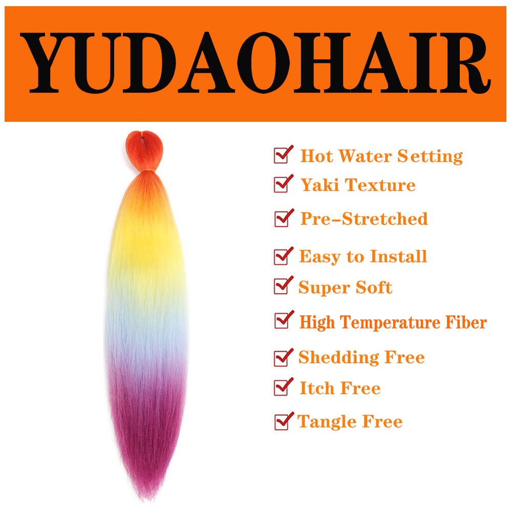 Pre Stretched Braiding Hair 26 Inch Ombre Red Kanekalon Braiding Hair Extensions Hot Water Setting Crochet Box Braids Hair (26 Inch (Pack of 1), Orange-Yellow-Light Blue-Purple)