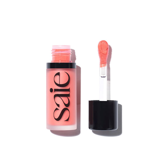 Saie Dew Blush - Lightweight Liquid Blush with a Blendable + Buildable Cream Finish - Dewy Cheek Tint with Doe Foot Wand Makeup Applicator - Bright Coral Blush - Poppy (.40 oz)