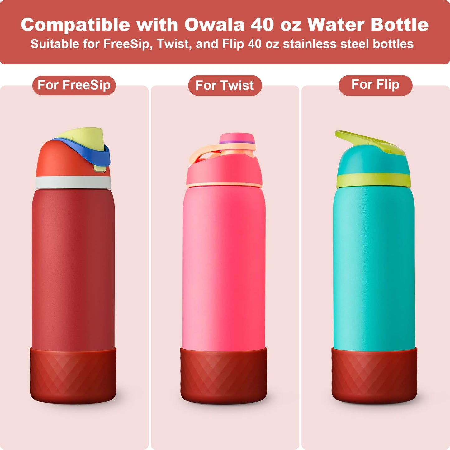 2PCS Silicone Water Bottle Boot for Owala 40 Oz, Anti-Slip Protective Sleeve Bottom Bumper Protector for FreeSip, Twist, and Flip Stainless Steel Water Bottles (Dark Red)