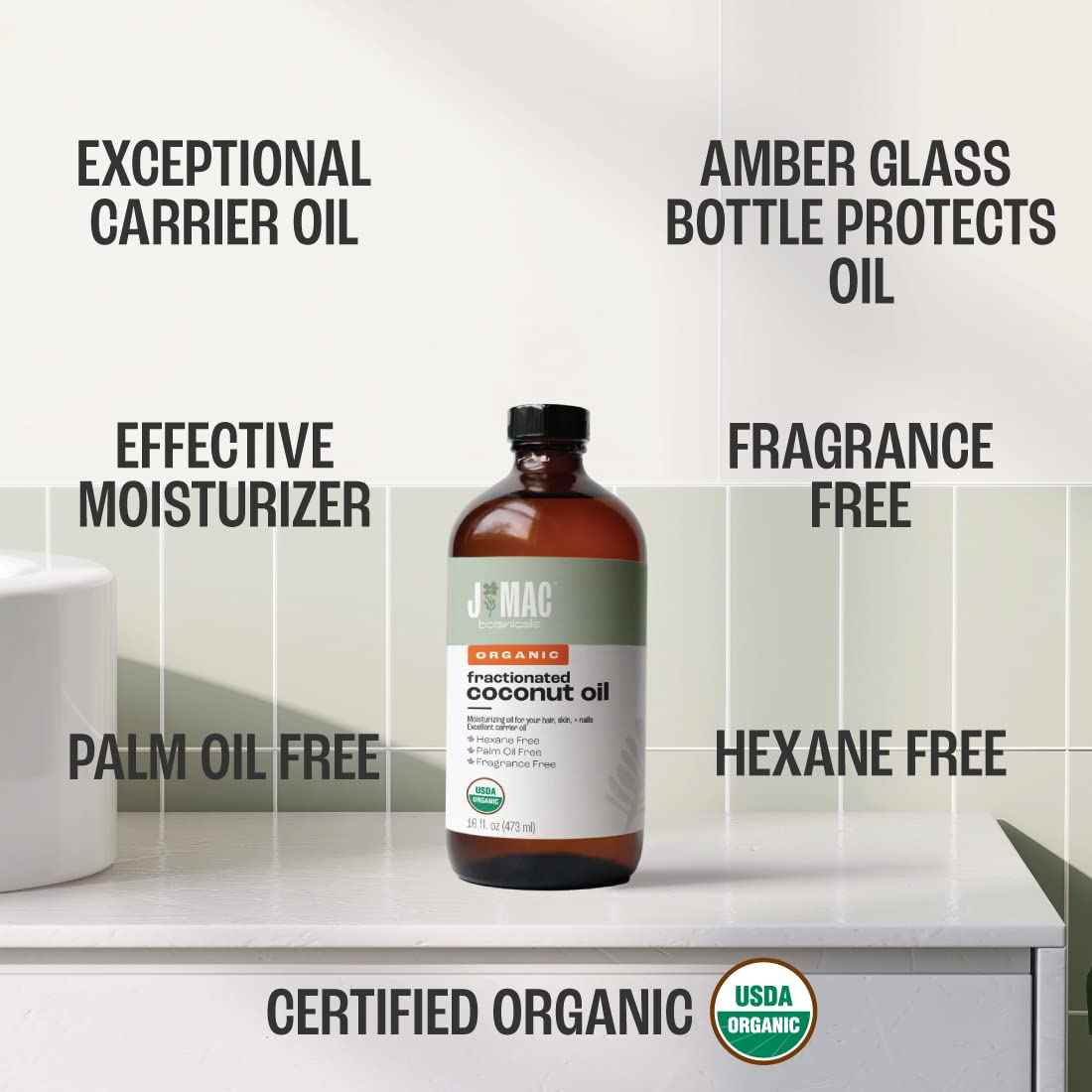 J MAC BOTANICALS Organic Fractionated Coconut Oil (16 Ounce Glass Bottle) Organic Carrier Oil and for DIluting Essential Oils, Moisturizer, Hair Care