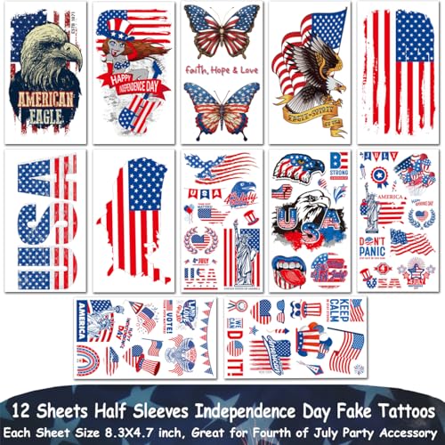 4th of July Temporary Tattoos - 16 Mixed American Flag Designs