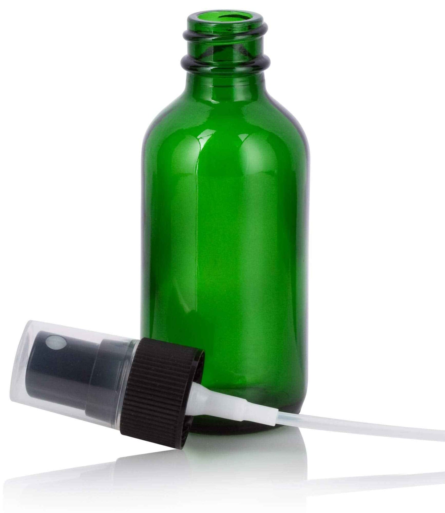 JUVITUS 2 oz Green Glass Boston Round Bottle with Black Fine Mist Spray (12 Pack) + Funnel