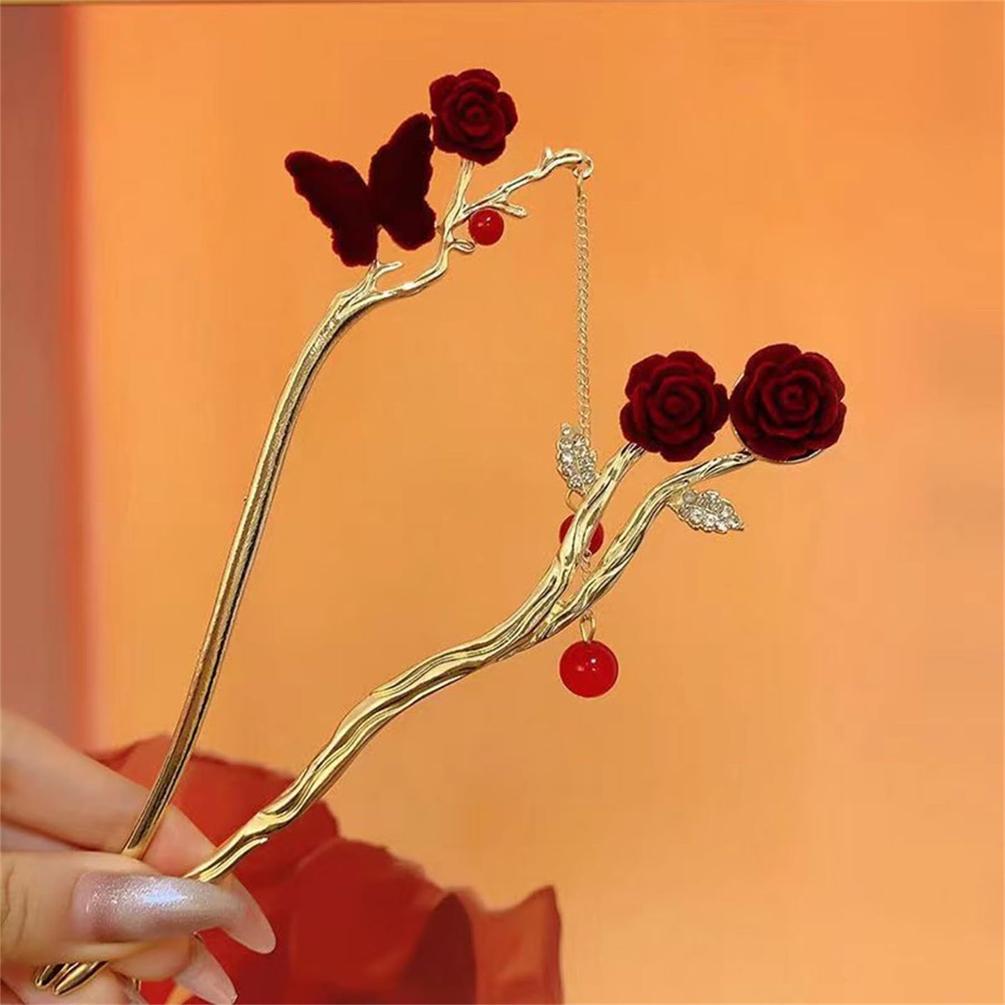 2 Pieces Metal Hairpin Rose Flower Hair Chopsticks Butterfly Hair Stick Handmade Classic Hair Pins for Women Girls-040