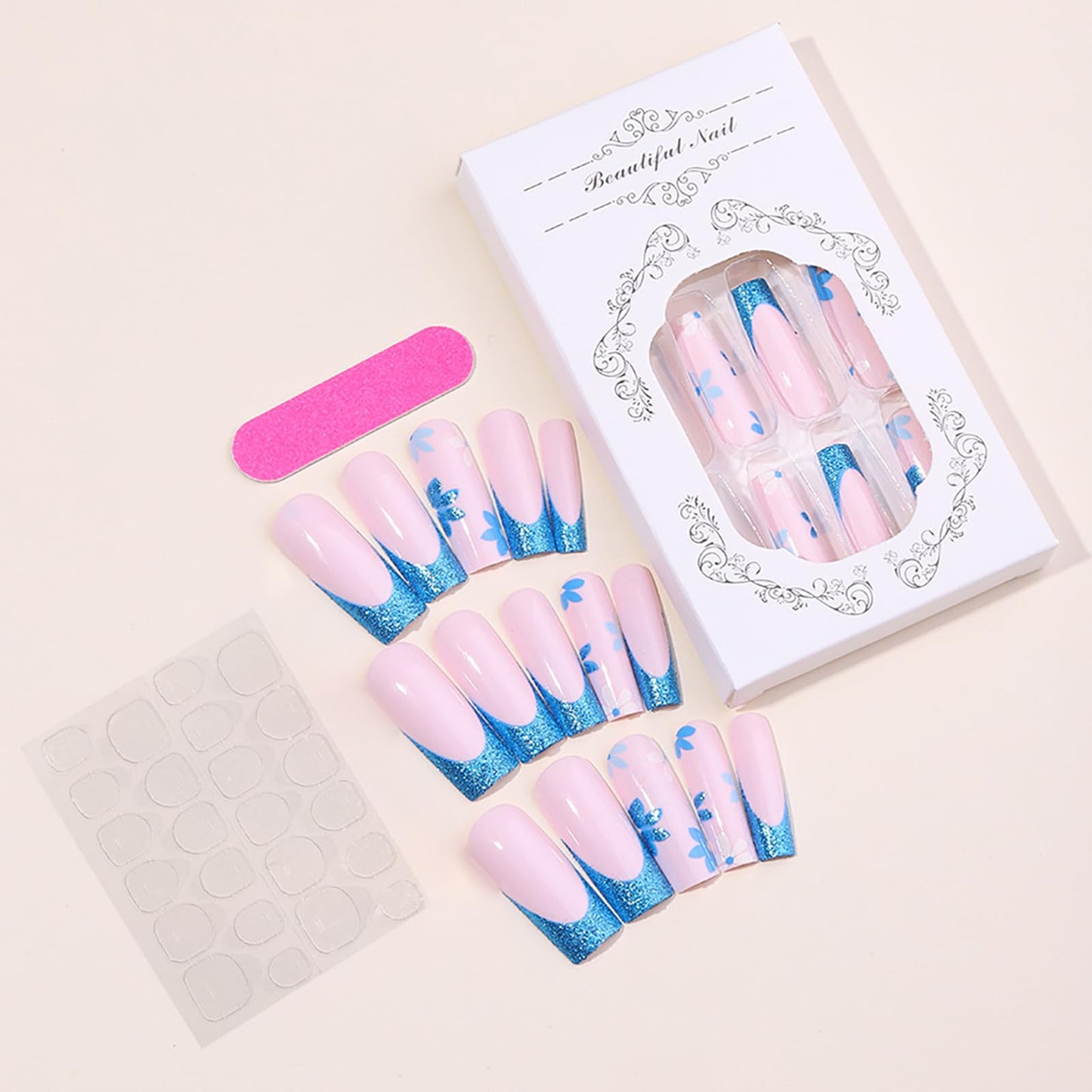 Rilafuvu French Tip Press on Nails Medium Fake Nails Coffin Pink Acrylic Nails with Flower Designs Glue on Nails Glitter Artificial Nails Stick on Nails Press on Nail for Women and Girls 24Pcs