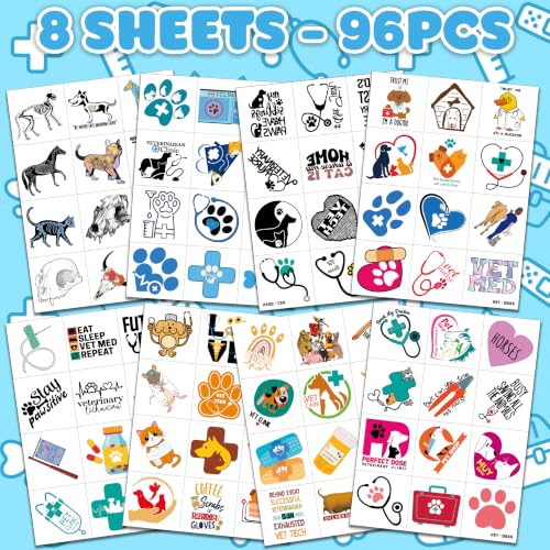 96 PCS Vet Temporary Tattoos for Kids & Adults