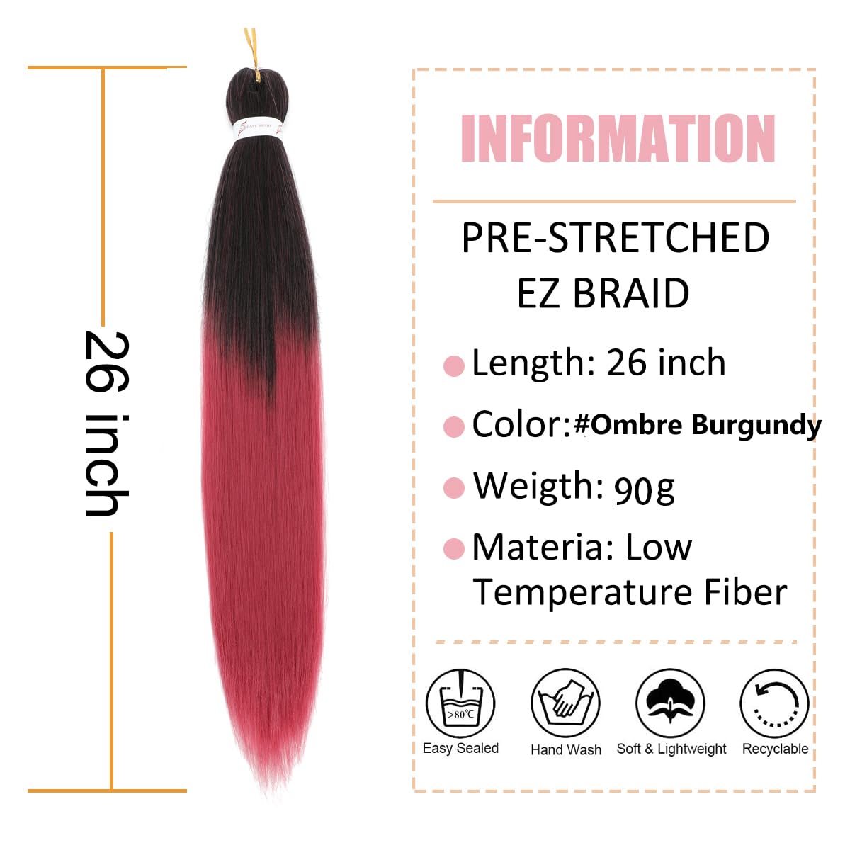 Ombre Burgundy Braiding Hair Pre Stretched Extensions Crochet Braiding Hair 26 Inch 3 Packs Hot Water Setting Professional Yaki Synthetic Hair For Twist Braids (26Inch,#1b/900)