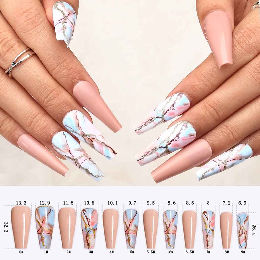 Outyua Marble Pattern Fake Nails Glossy Nude Coffin Extra Long Press on Nails with Designs Ballerina Acrylic False Nails Full Cover Nails 24pcs