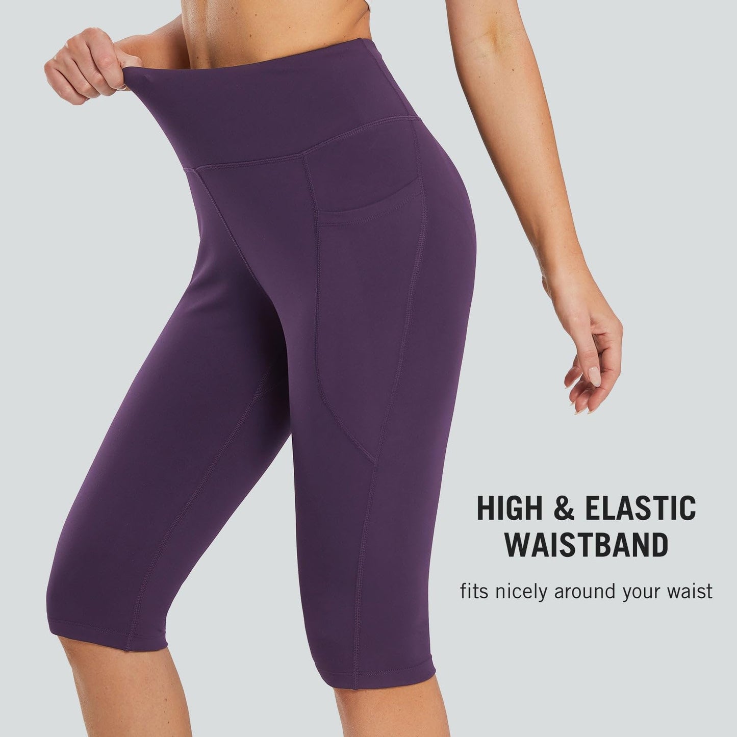 BALEAF Women's Capri Leggings Knee Length High Waisted Plus Size Yoga Casual Workout Exercise Capris with Pockets Shadow Purple XS