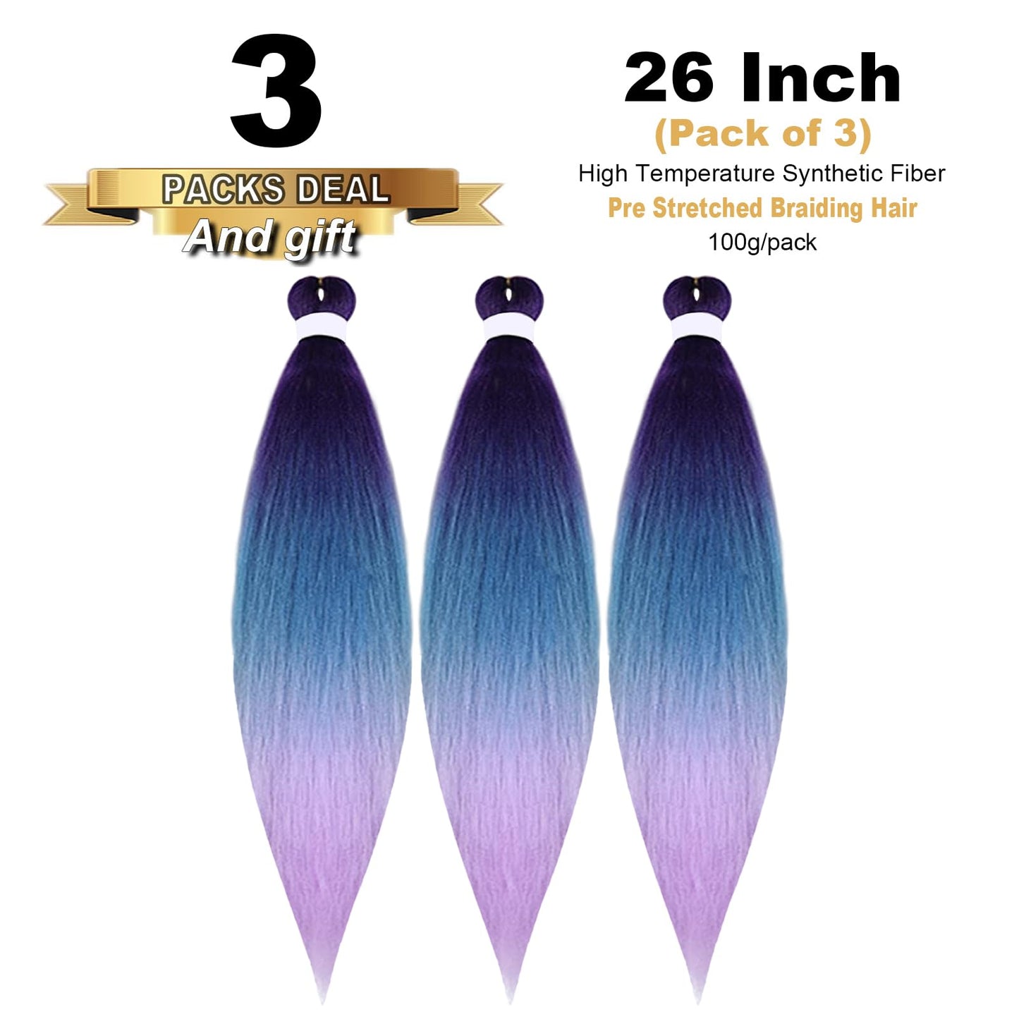 TENGSHUO FLY Pre-Stretched Braiding Hair 26 Inch 3 Packs Hot Water Setting Synthetic Hair Crochet Braiding Hair Extension (26 Inch (Pack of 3), Purple to Lake Blue to Light Purple)