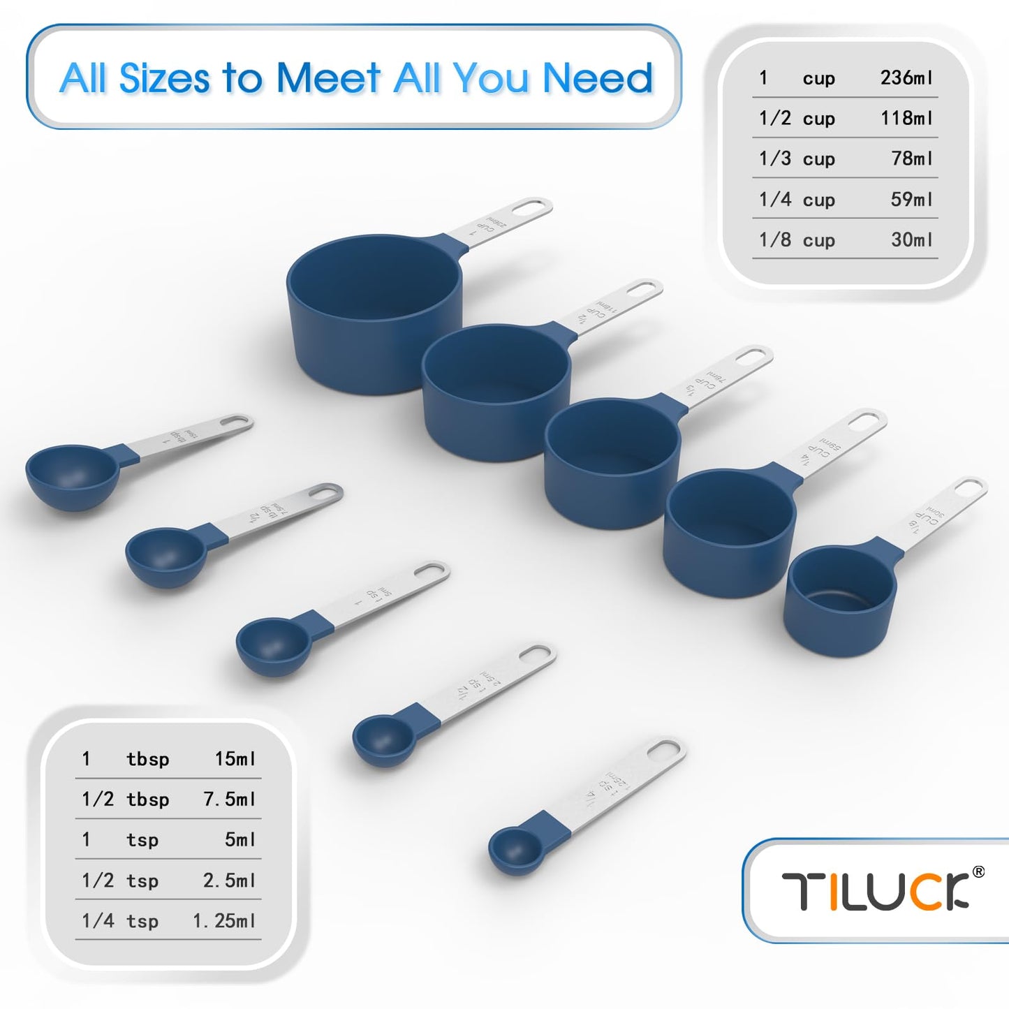 TILUCK Measuring Cups & Spoons Set, Stackable Cups and Spoons, Nesting Measure Cups with Stainless Steel Handle, Kitchen Gadgets for Cooking & Baking (Blue)