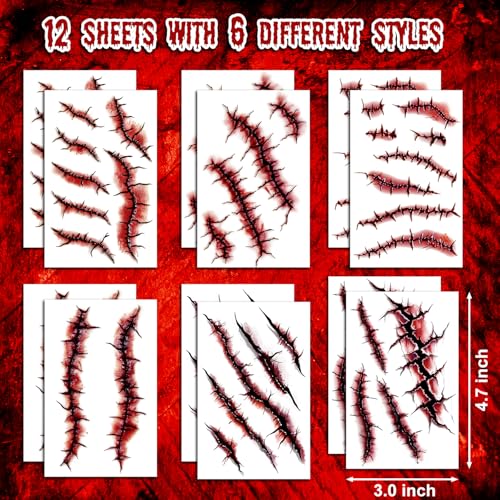 Halloween Temporary Tattoos - 12 Sheets Zombie Fake Scars