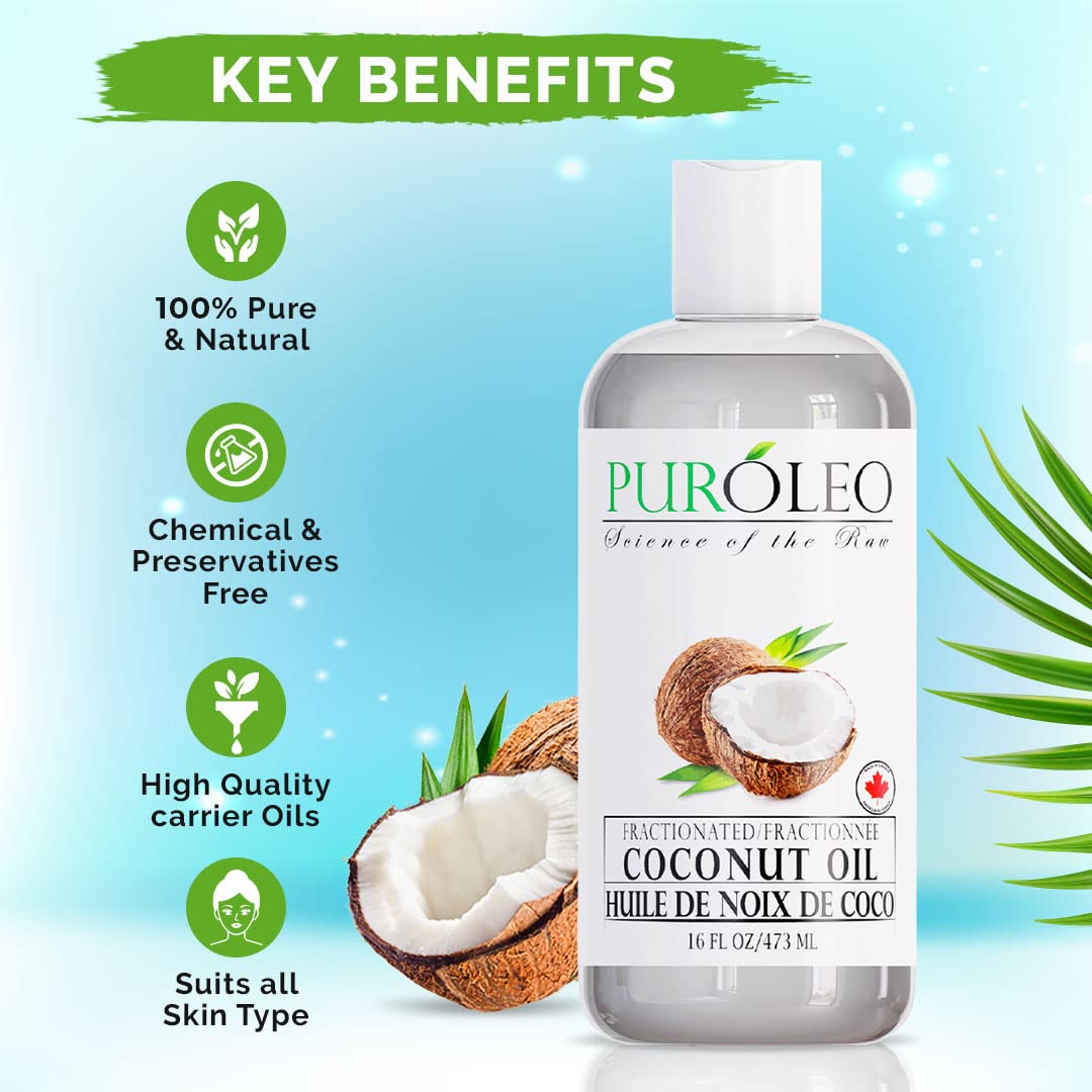 PUROLEO Fractionated Coconut Oil 16 Fl Oz/473 ML (Packed in Canada) 100% Natural and odorless Moisturizer & Carrier Oil l Hair Skin Body, Aromatherapy, Massage, Makeup Remover