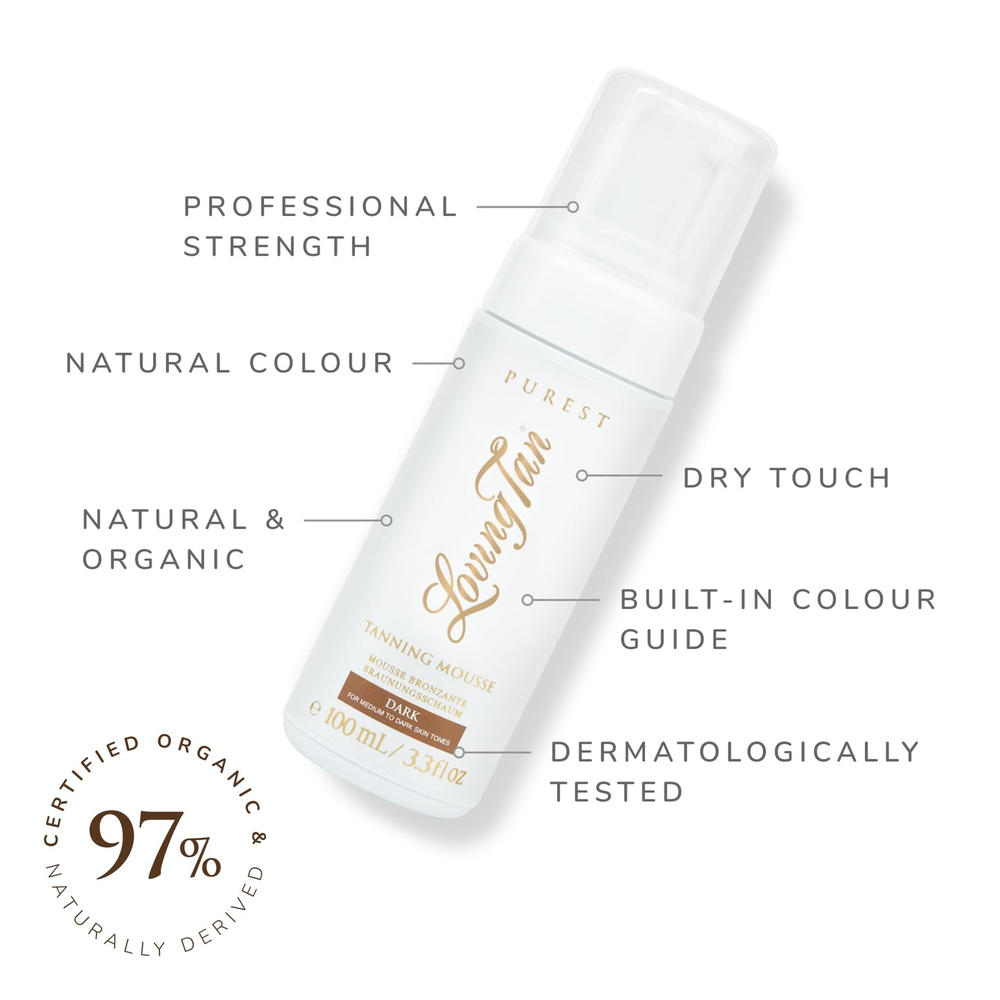 Loving Tan Purest Tanning Mousse, Dark + Purest Applicator Mitt - Sunless Tanner Made From 97% Certified Organic & Naturally Derived Ingredients - Cruelty Free, Vegan - 3.3 Fl Oz