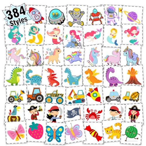 384 Temporary Tattoos for Kids - 8 Sheets Party Favors
