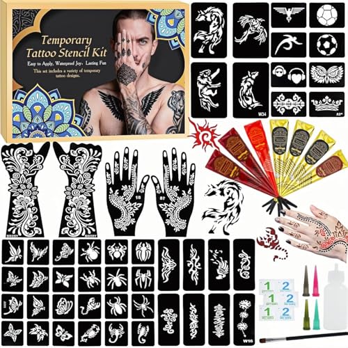 Temporary Tattoo Kit with 12 Stencils, 7 Inks & Removal Wipes