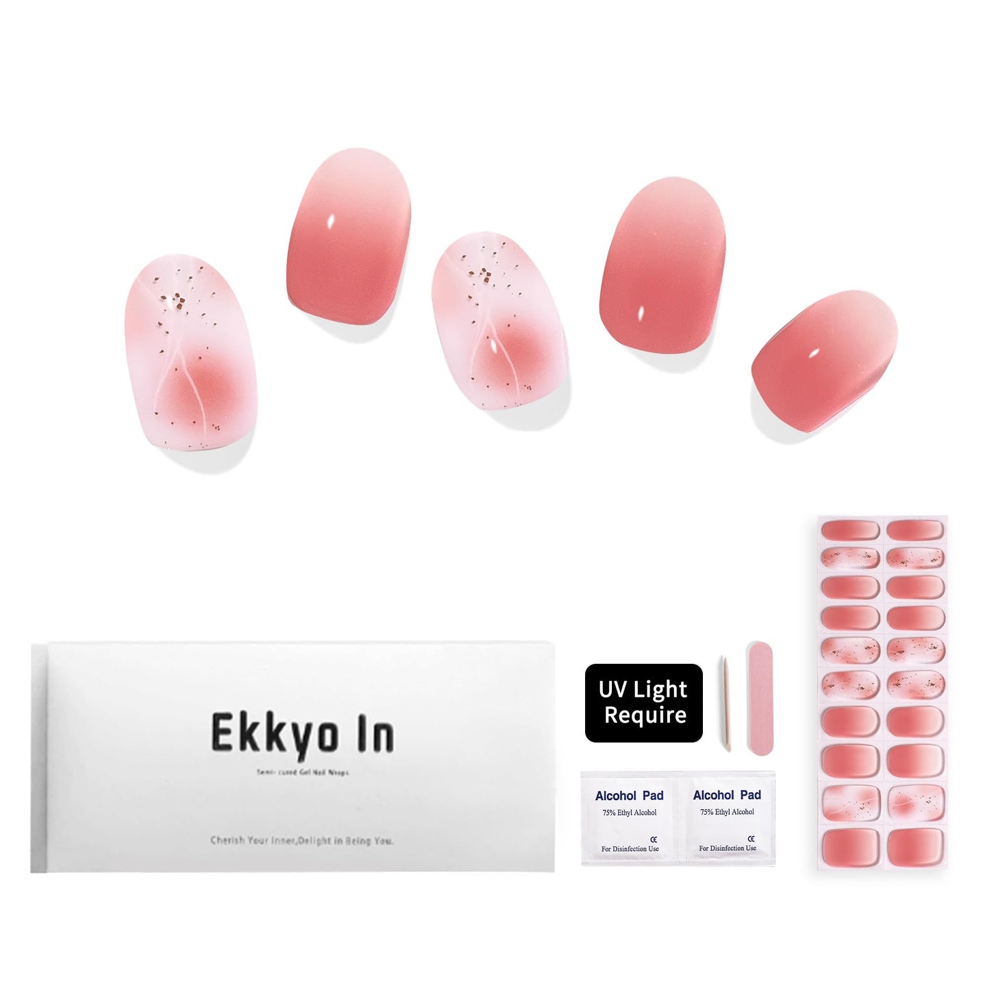 Ekkyo In Semi Cured Gel Nail Strips, Chip Resistant, Easy to Use Gel Nail Strips, Long Lasting 20 Pcs Semi Cured Gel Nail Wraps, Nail Art at Home, Works with Any Nail Lamps, Foil Light Orange