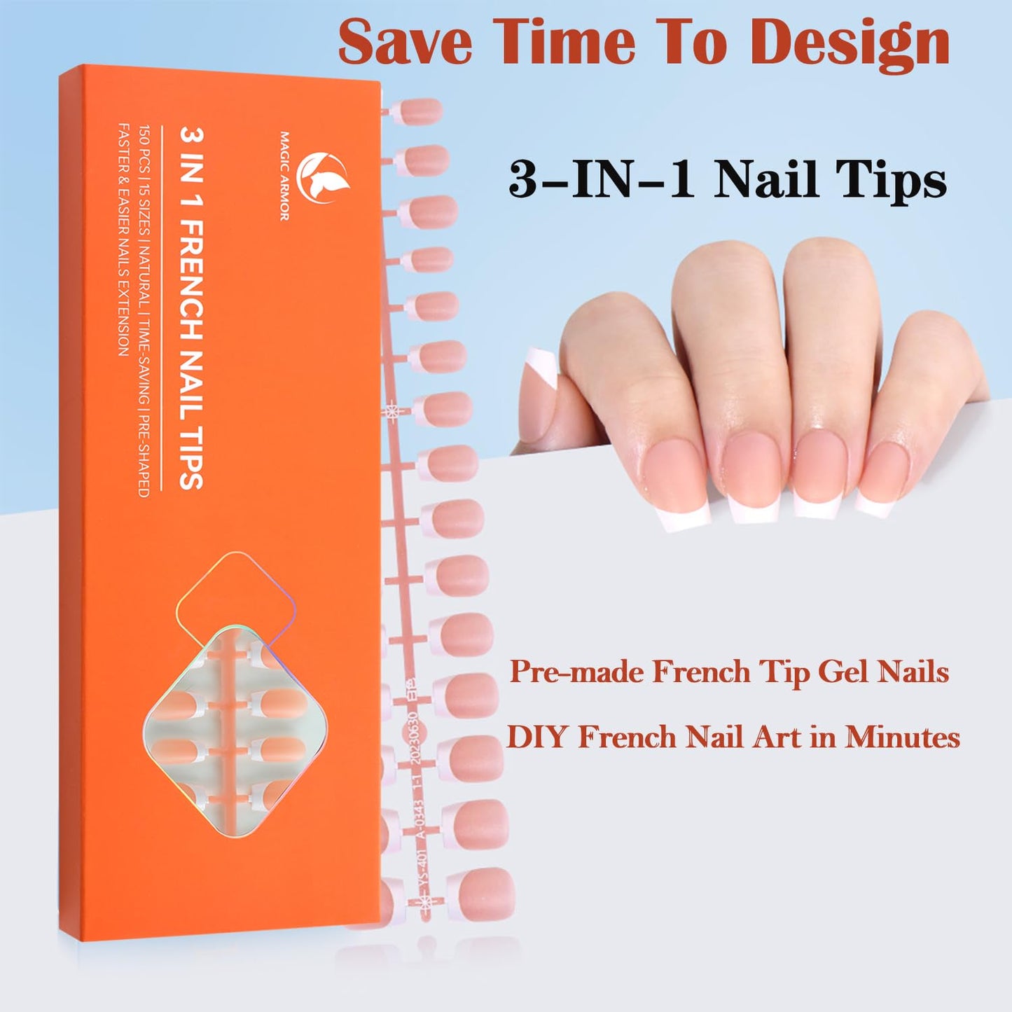 MAGIC ARMOR French Gel Nail Tips, 150PCS Brown French Tip Press on Nails 3 in 1 Soft Gel Fake Nails Pre-Applied Tip Primer & Base Coat,No Need to File Acrylic Nail Tips Kit for Nail Extension 15 Sizes