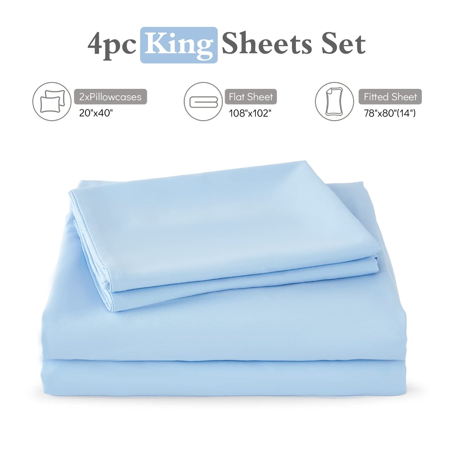 ILAVANDE King Size Sheets Set, 4 Piece Hotel Luxury Super Soft 1800 Series Microfiber Bed Sheets King Set-Wrinkle & Fade Resistant-14 Deep Pockets Sheets for King Size Bed(King,Baby Blue)