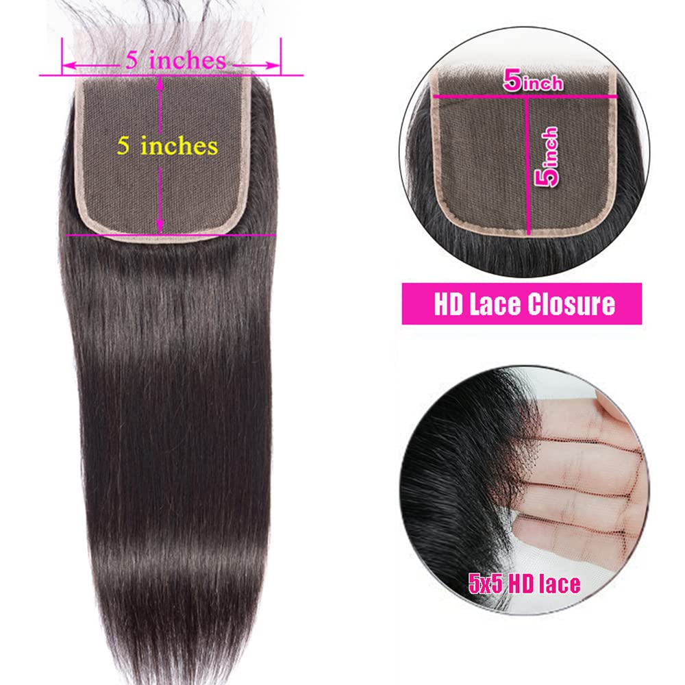 5X5 Closure Brazilian Straight Lace Closure Only Human Hair Free Part With Baby Hair Preplucked Bleached Knots Real Virgin Human Hair Swiss Lace Front For Women 5 By 5 Closure Natural Black 10 Inch