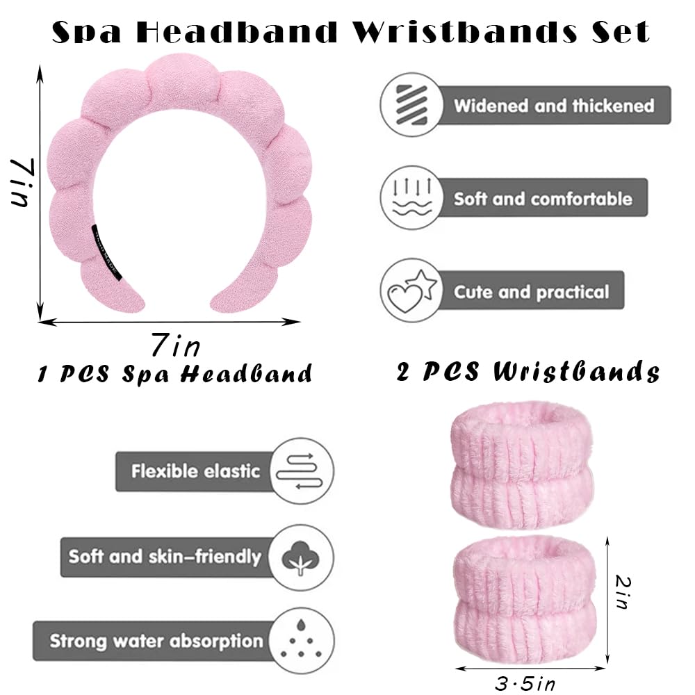 Spa Headbands for Washing Face Wristband Set Sponge Makeup Skincare Headband Wrist Towels Bubble Soft Terry Towel Cloth Hairband for Women Puffy Headwear Non Slip Thick Hair Headwear (Pink)