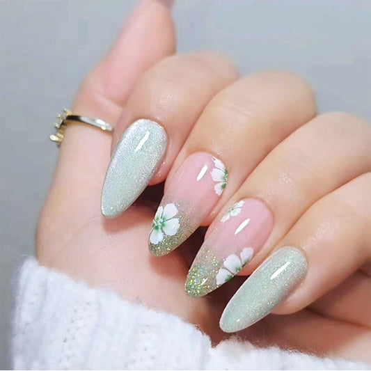 SINHOT Flower Press on Nails Medium Almond Fake Nails Cat Eye Acrylic Nails Glossy Glue on Nails Green Glitter Stiletto Artificial Nails Stick on False Nails with Design 24 pcs