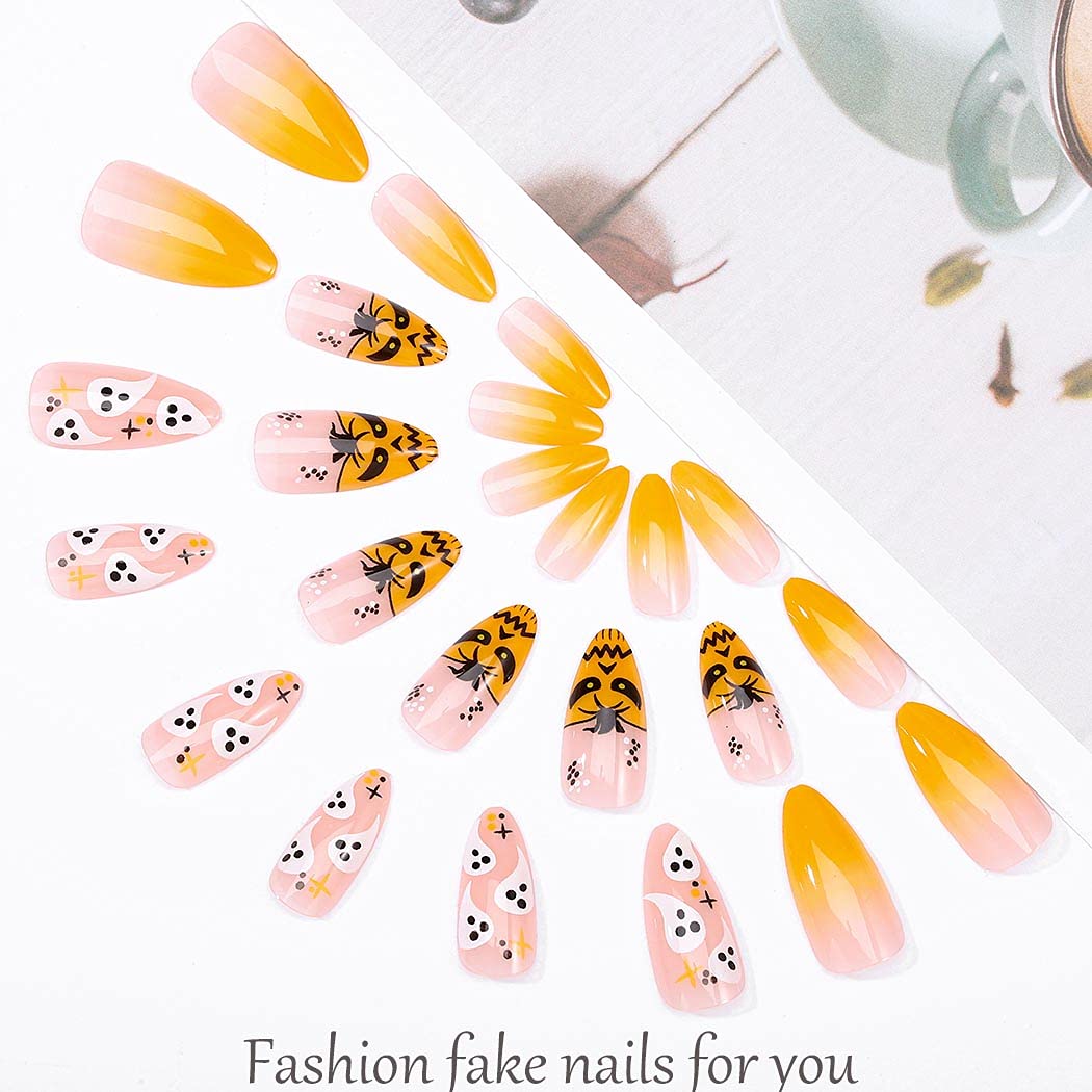 Outyua Stiletto Halloween Long Press on Nails with Design Horror Acrylic Fake Nails Ballerina False Nails Designer Full Cover Nails 24Pcs for Women and Girls (Orange Pumpkin)