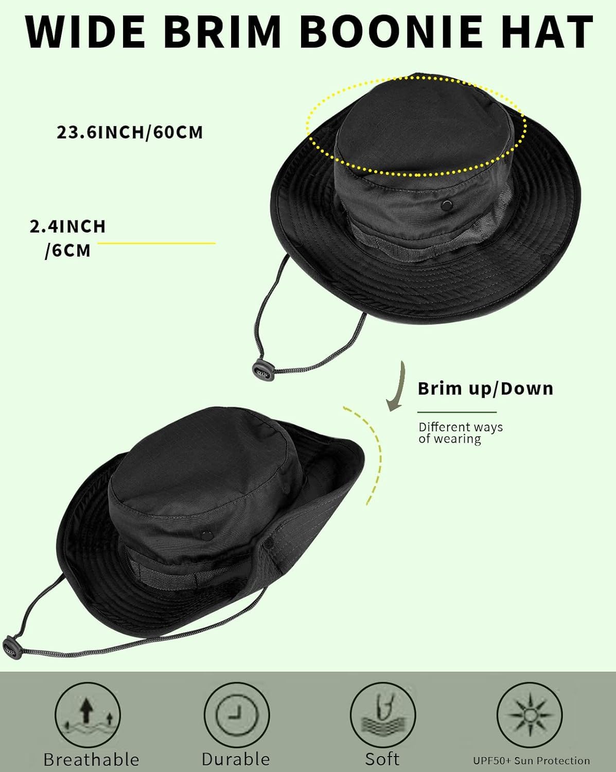 Sun Hats for Men Women Bucket Hat UPF 50+ Boonie Hat Foldable UV Protection Hiking Beach Fishing Summer Safari(2pack-Black+Brown)