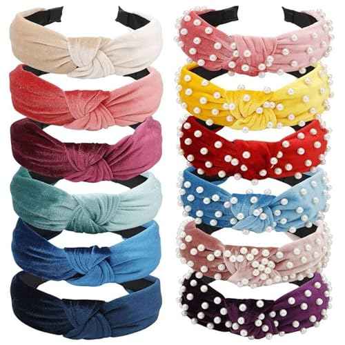 VELSCRUN Pearl Headbands with Beads: White, Pink, Red, Blue Knotted Wide Top Knot Hair Accessories for Women and Girls