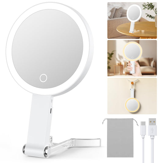 Benbilry Lighted Makeup Mirror with Lights and Magnification 10X, 2-Sided Portable Travel Mirror 3 in 1 Hand Held Tabletop Hanging Mirror with 3 Colors, Adjustable Brightness & Stand for Home Travel