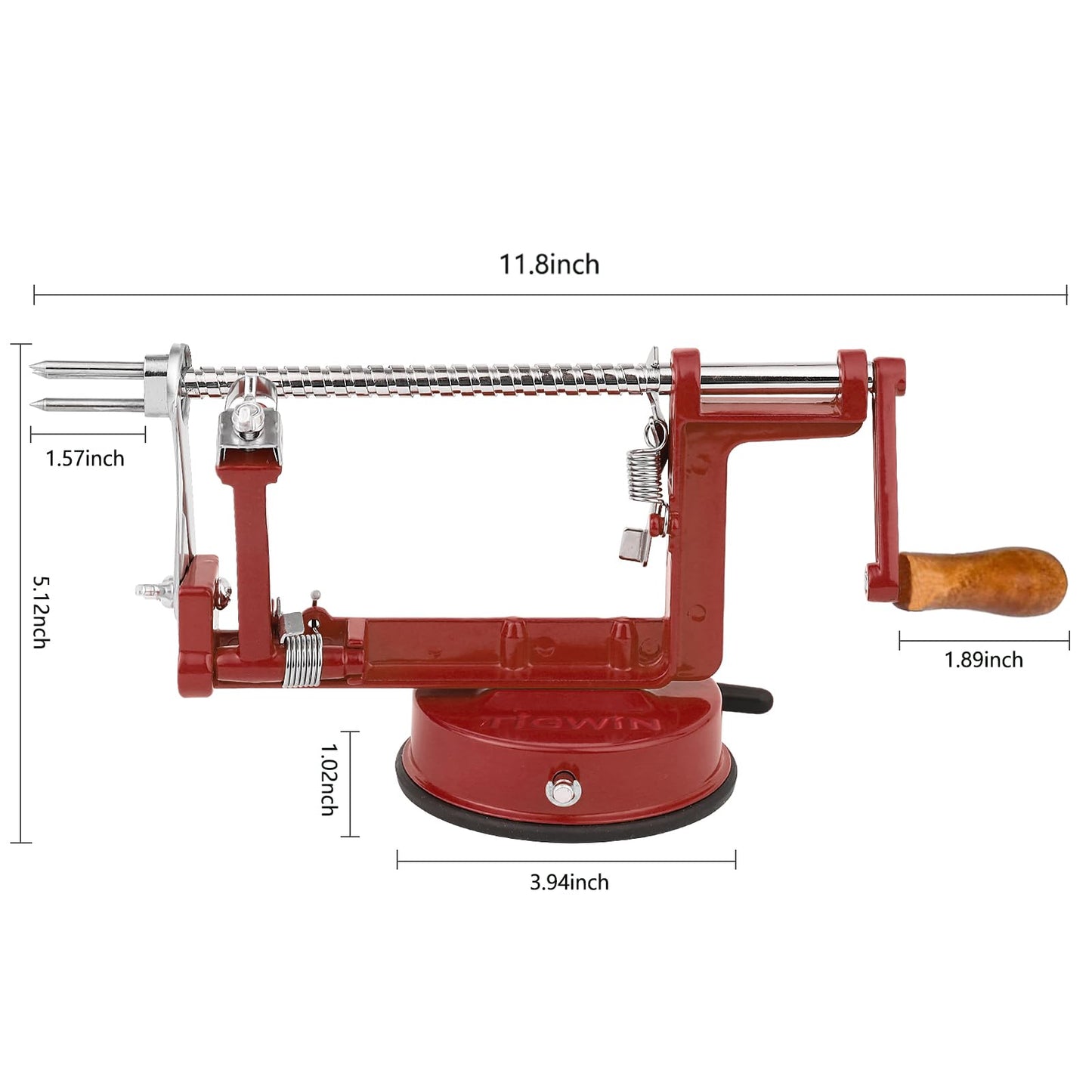 TIGWIN Apple Peeler Corer, Long lasting Chrome Cast Magnesium Alloy Apple Peeler Slicer Corer with Stainless Steel Blades and Powerful Suction Base for Apples and Potato(Deep Red)