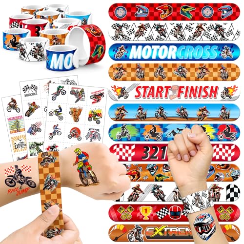 Dirt Bike Party Favors Set - 60 Pc Kit with Slap Bracelets & Tattoos