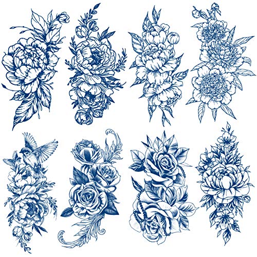 Plant-Based Temporary Tattoos for Women - 8-Sheet Blue Flower Design