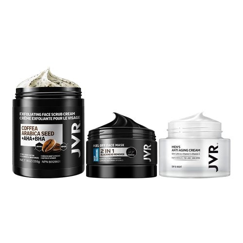 JVR Blackhead Remover Mask + Face Scrub for Men 9 oz+ Face Moisturizer Cream Anti Aging Cream, Charcoal Peel Off Black Mask, Facial Mask Purifying and Deep Cleansing for All Skin Types