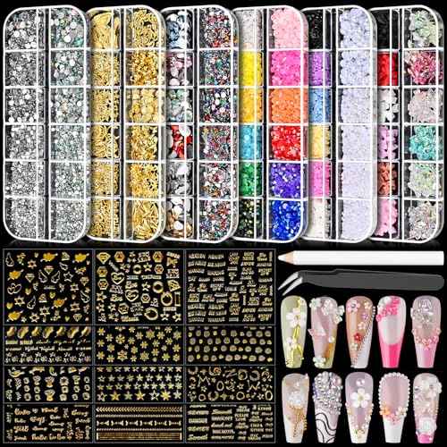 Nail Charms Art Kit with 30 Sheets Gold Nail Stickers and 6 Boxes of Nails Gems with Manicure Art Tools for 3D Nails Supplies DIY Charms and Rhinestones