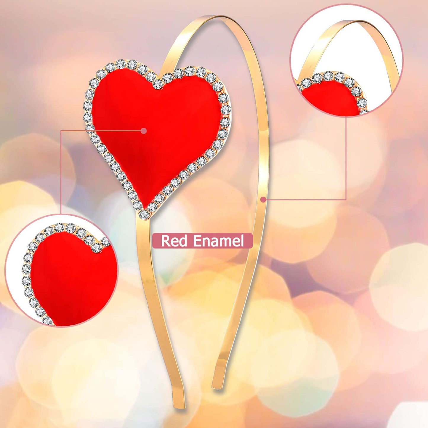 CENAPOG Valentine's Day Heart Headband Sparkly Rhinestone Enamel Heart Shaped Spring Headband for Women Girls