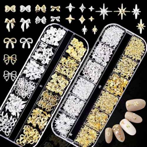 150PCS Gold Bow Nail Charm 3D Silver Nail Bows 12 Styles Mini Alloy Bowknot Diamonds Butterfly Gems Christmas Wedding Prom Crystal Rhinestones Decoration for Women Girls Crafts DIY 4