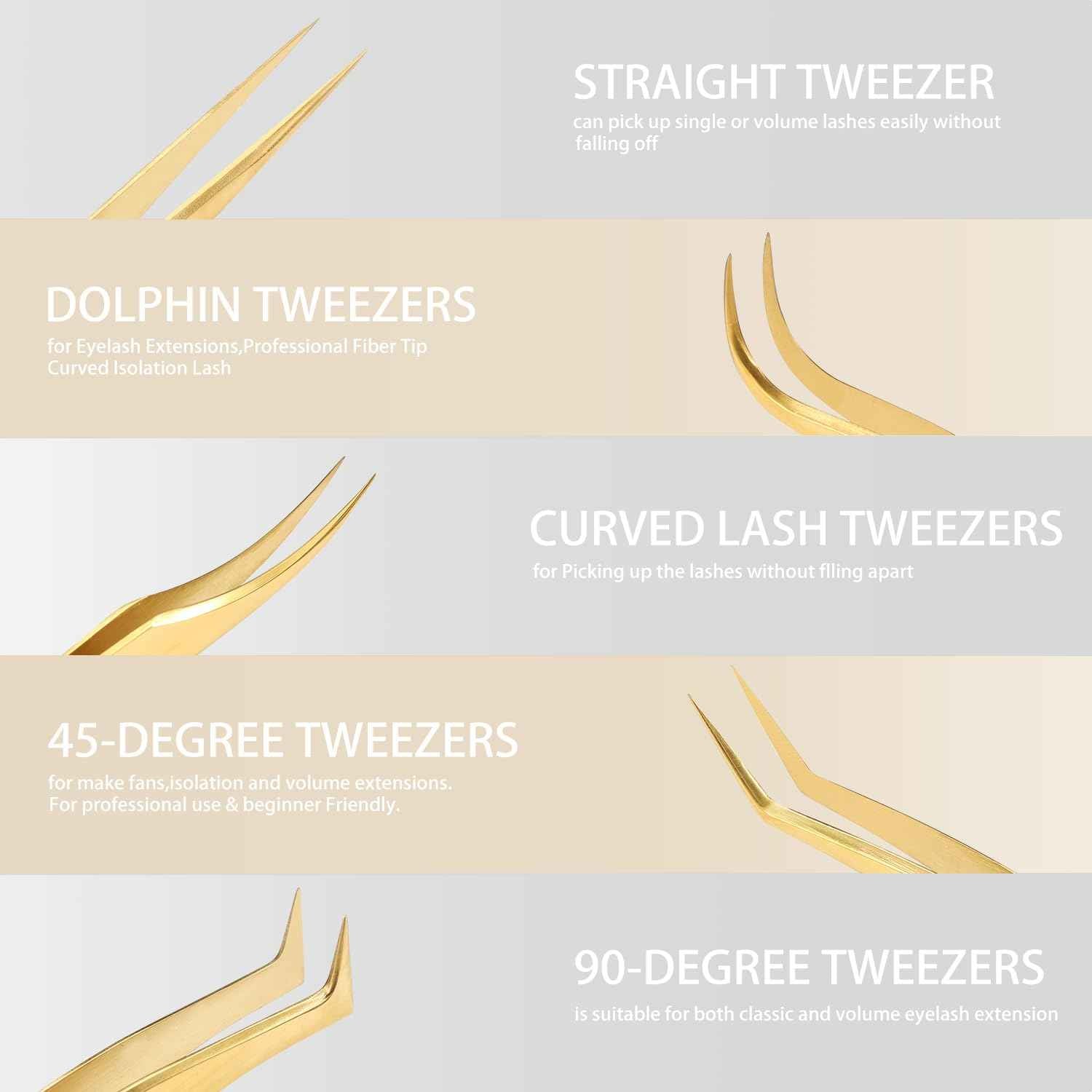 Etercycle High Precision Lash Tweezers Set - Includes 5 Stainless Steel Eyelash Tweezers for Classic Individual and Volume Lash Extensions. Complete with Storage Box