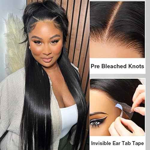 30 Inch Drawstring Straight Frontal Wig Hidden Strap Straight 13x6 Lace Frontal Wigs Human Hair Pre Plucked Pre Bleached Glueless Brazilian Wig Transparent Lace Wigs for Women