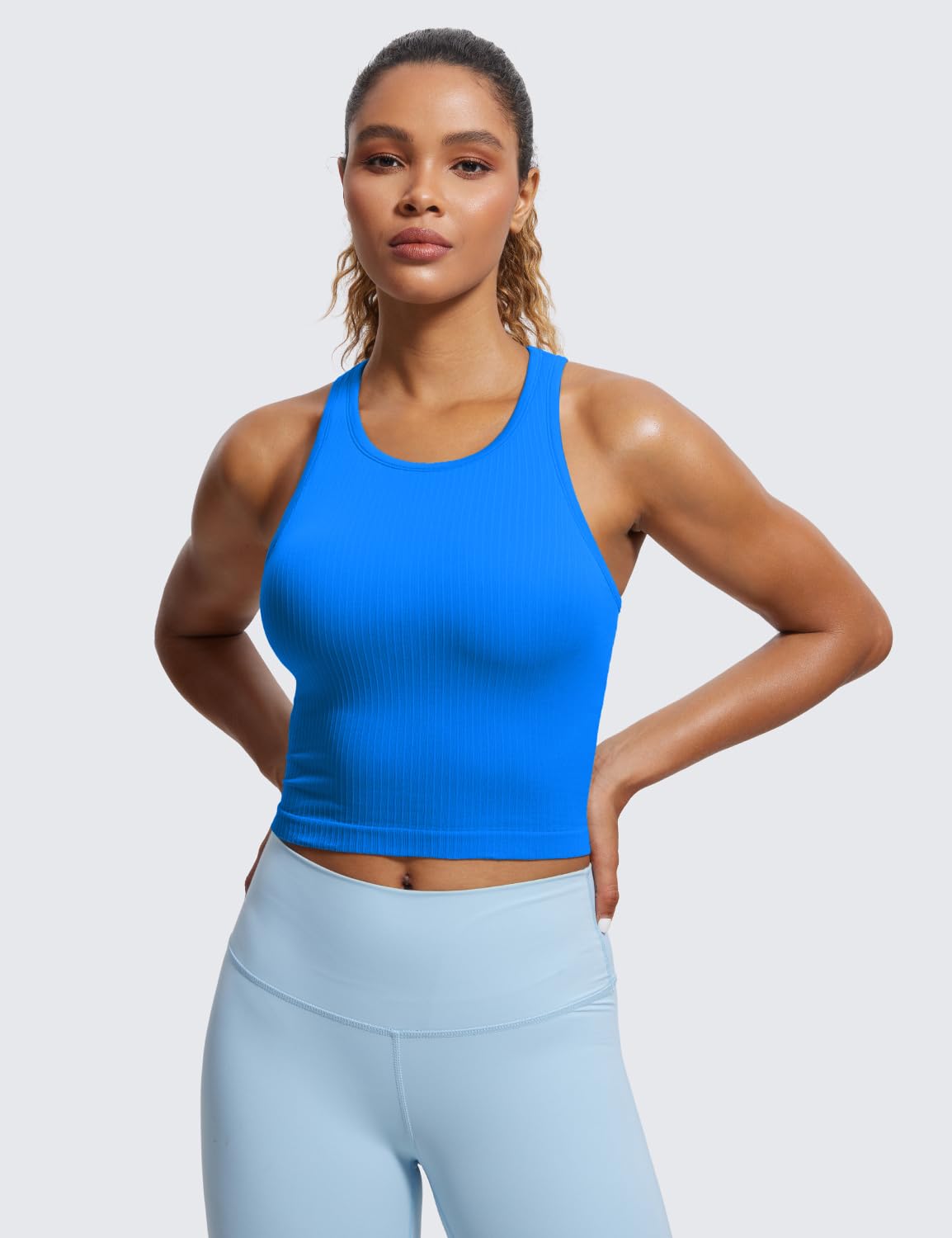 CRZ YOGA Womens Seamless Ribbed Longline High Neck Sports Bra - Racerback Padded Slim Fit Crop Tank Top with Built in Bra Sparkle Blue XX-Small