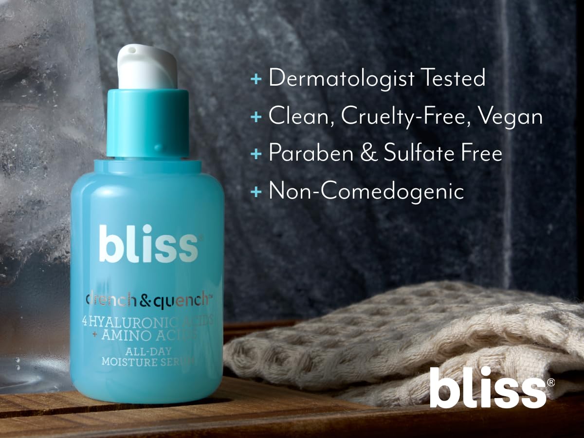 Bliss Drench & Quench Hyaluronic Acid Serum with Amino Acids | Multi-Layer Moisture & Plumping | Lightweight Water-Based Formula | For All Skin Types | Clean, Vegan, Cruelty-Free | 1 Fl Oz