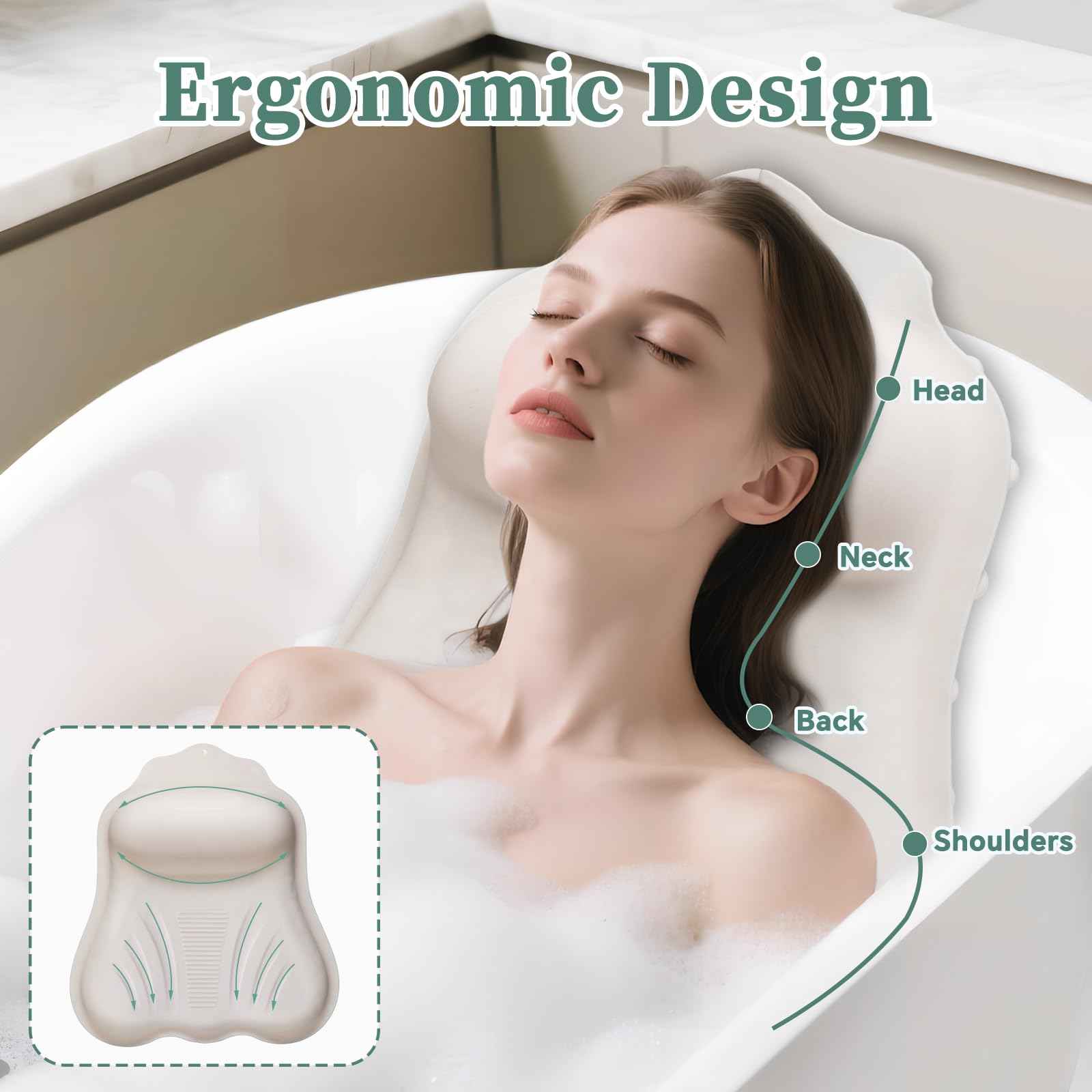 Silicone Bath Pillow for Tub Adults, 4D Air-Cushion Bathtub Pillow for Head Neck and Back Support, Non-Slip Suction Cups, Quick-Drying Waterproof Spa Pillow, Easy to Clean & Store，White