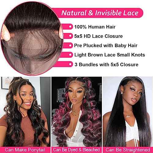 Body Wave Bundles with Closure Human Hair (14 16 18+12) 5x5 HD Closure Brazilian Human Hair 3 Bundles with Closure Unprocessed Virgin Hair Body Wave Bundles with 5x5 Lace Closure Free Part