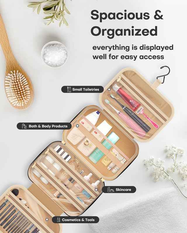 HOTOR Travel Toiletry Bag for Women & Men, Waterproof Makeup Bag with Hanging Hook and Multiple Pockets, Cosmetic Bags for Women, Travel Essentials, 12.6'' x 4.3'' x 9.9'', Black