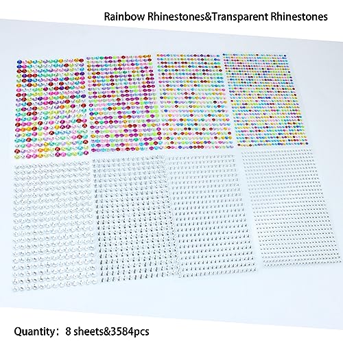 3584 PCS Self Adhesive White Pearl Clear Rhinestones Face Gems, Flat Back Bling Jewels Temporary Stickers for Makeup Face Eye Hair DIY, Rainbow&Transparent Rhinestones