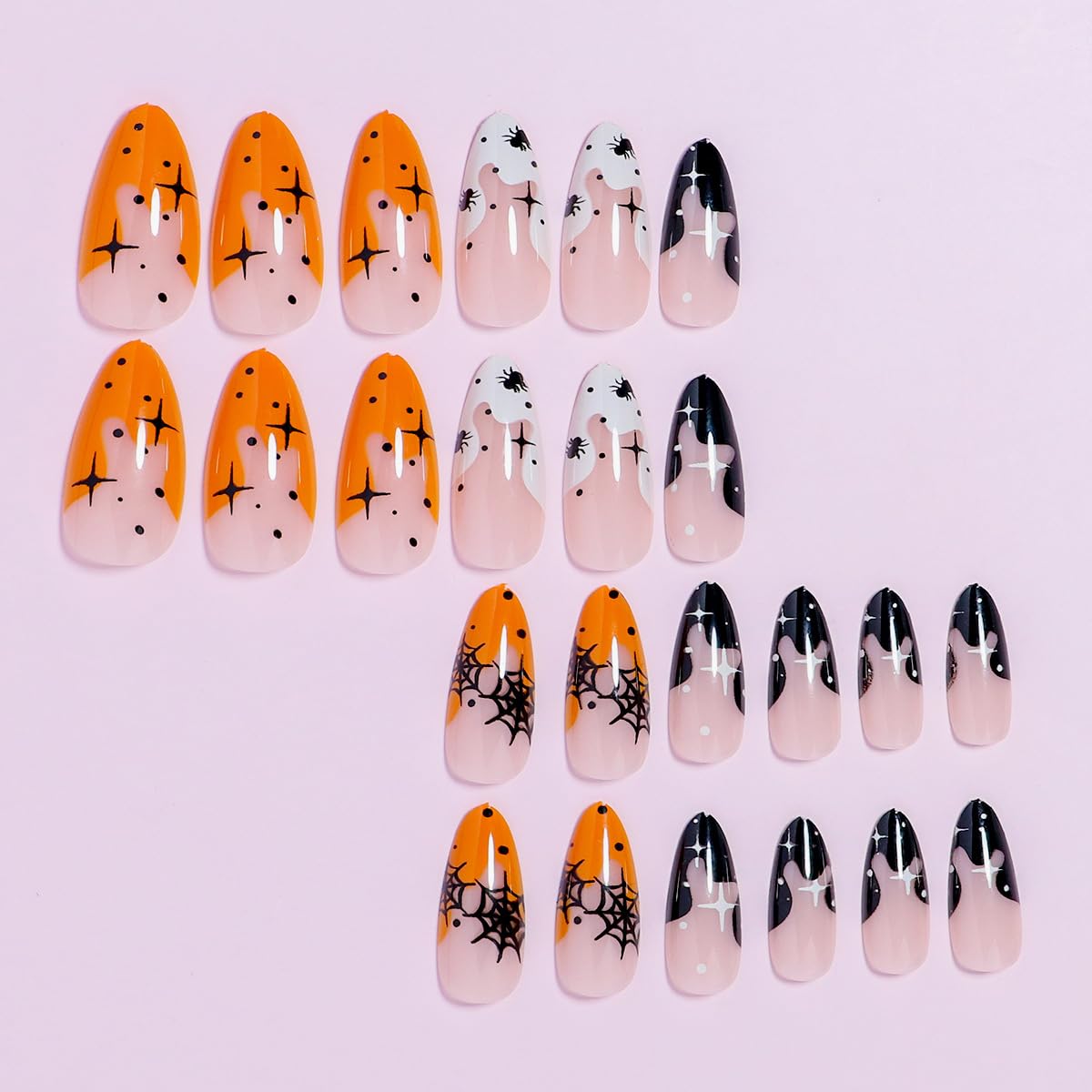 24Pcs Halloween Press on Nails Medium Length Almond Fake Nails Full Cover Black Spider Web Stick on Nails White Orange French Tip Artificial Acrylic Nails with Stars Design False Nails for Women Girls